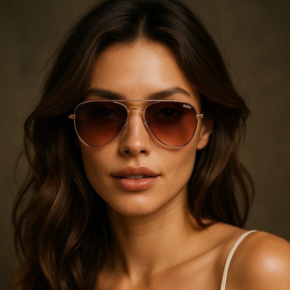 Quay High Key Mini Aviator Sunglasses – Gold Frame / Gradient Brown Lenses - Picture 1 of 12